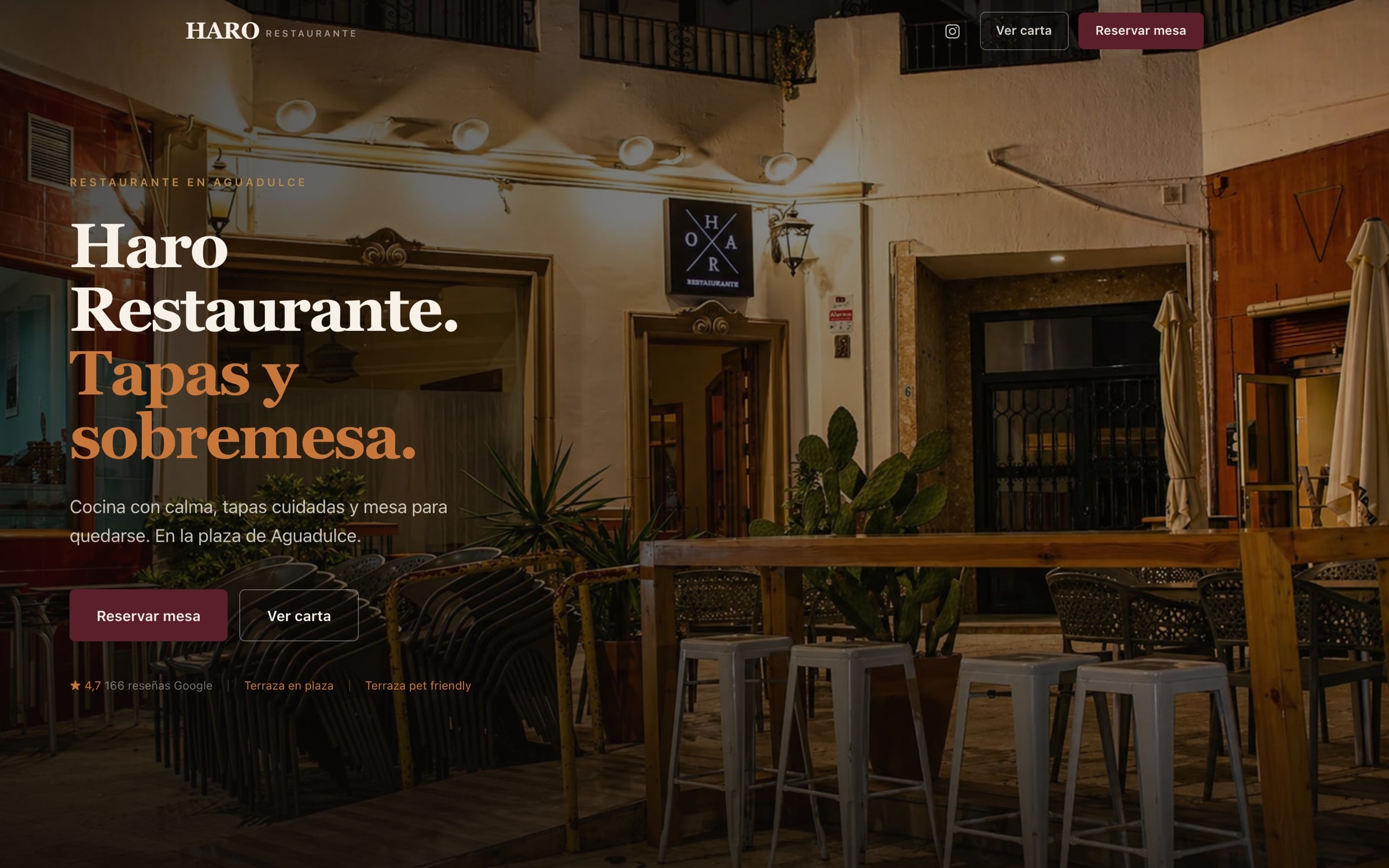 Portada de la web de Haro Restaurante en escritorio, con los botones Reservar mesa y Ver carta