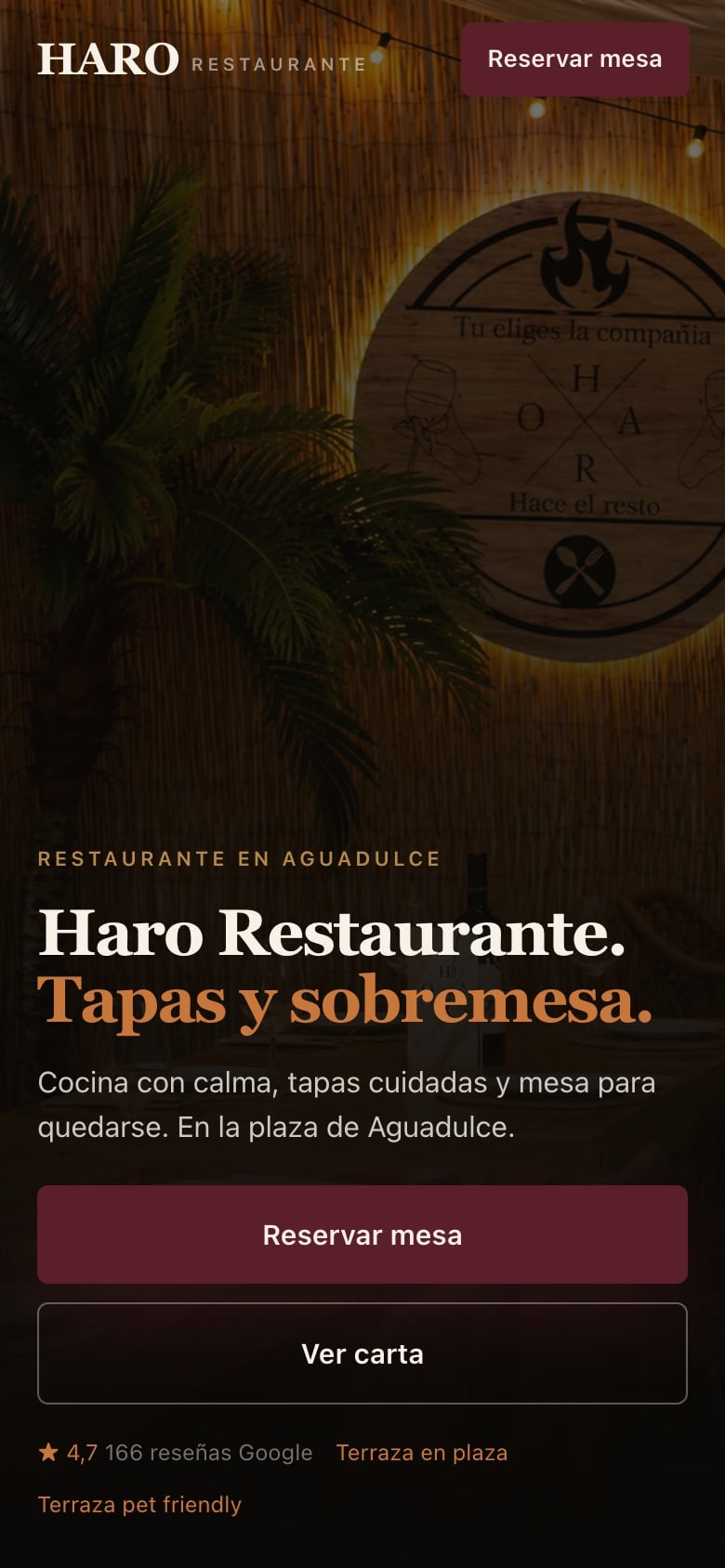 Portada de la web de Haro Restaurante en móvil