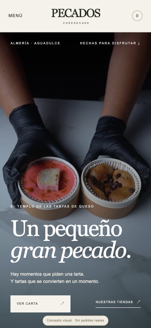 Diseño de la nueva web de Pecados Cheesecake en móvil